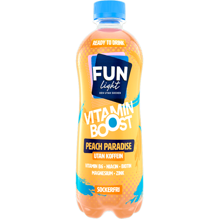 Fun light Ready to Drink, flaska med färdigblandad saft i smaken peach paradise