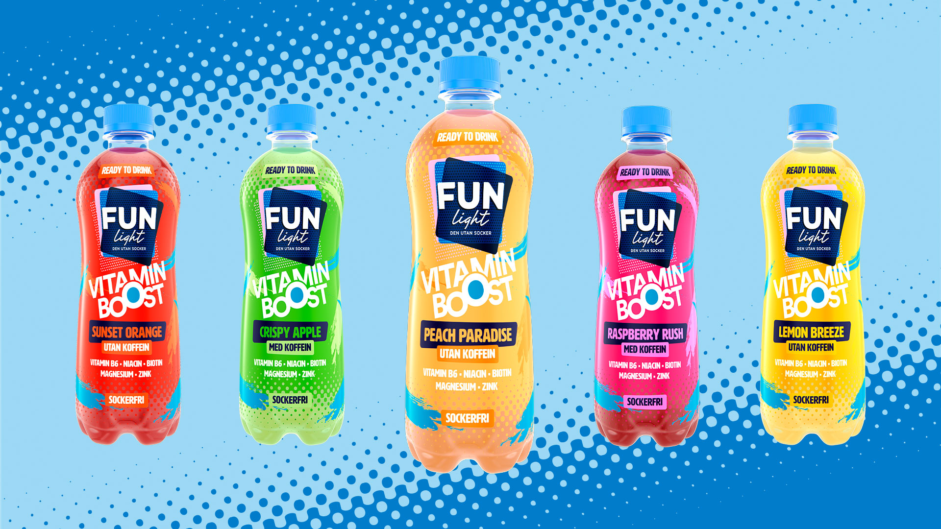 Flaskor av Fun light vitamin boost ready to drink range med smakerna peach paradise, sunset orange, crispy apple, lemon breeze, raspberry rush.